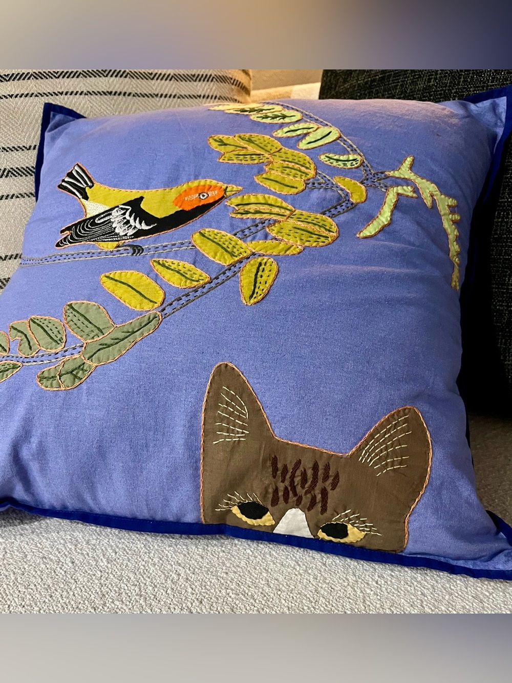 Natural Habitat Appliqué Pillow Made In India Matilda With Bird On Branch 18” Sq - Picture 2 of 7
